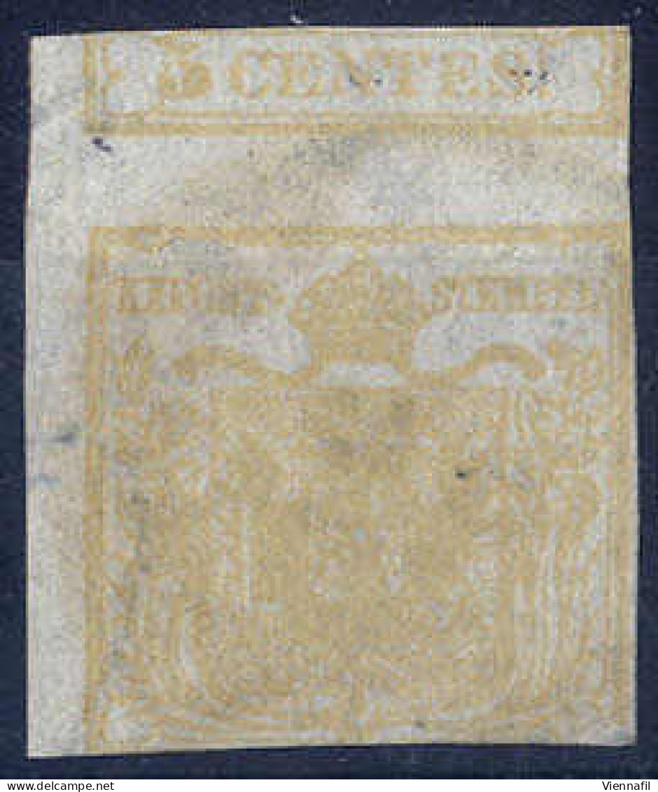 O 1850, "Stampa Recto - Verso", 5 Cent. Giallo Ocra Con Controstampa Capovolta, Usato (Sass. 13 / 1100,-) - Lombardo-Vénétie