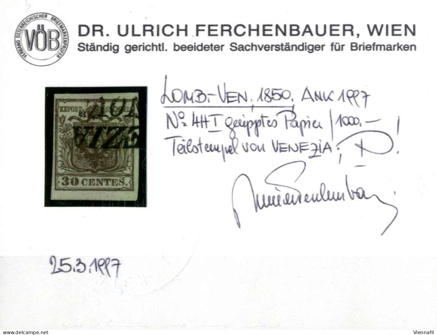 O 1850, 30 Cent Bruno, Carta Costolata, Usato, Splendido, Certificato Dr. Ferchenbauer, Sass. 16 / 220,- - Lombardo-Vénétie
