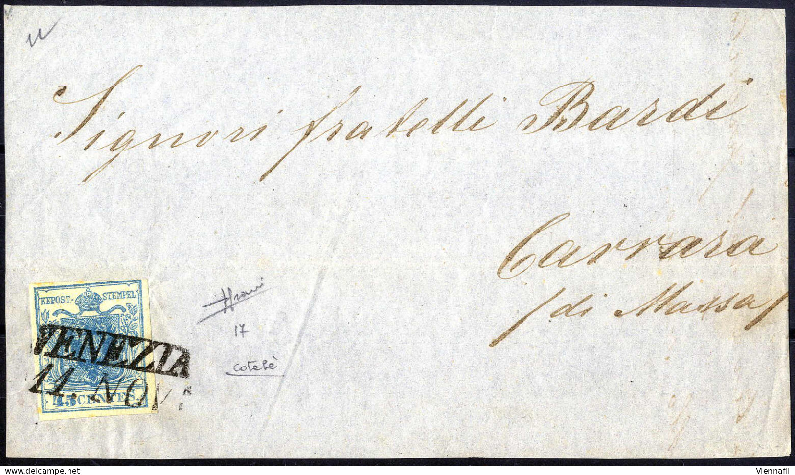 Cover 1851, Frontespizio Di Lettera Da Venezia Il 11.11 Per Carrara Affrancata Con 45 C. Azzurro I Tipo Carta Costolata, - Lombardo-Vénétie