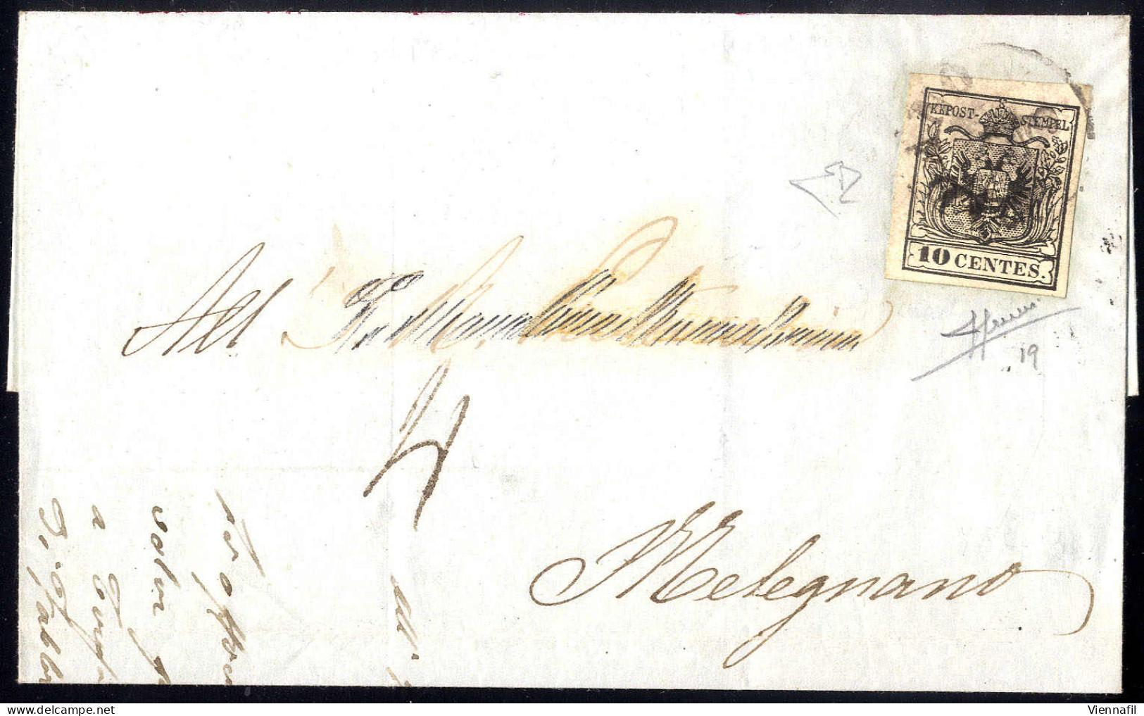 Cover 1854, 10 Cent. Nero, Carta A Macchina, Su Lettera Da Milano Per Melegnano, Tassata Per Difetto Di Affrancatura Con - Lombardo-Venetien