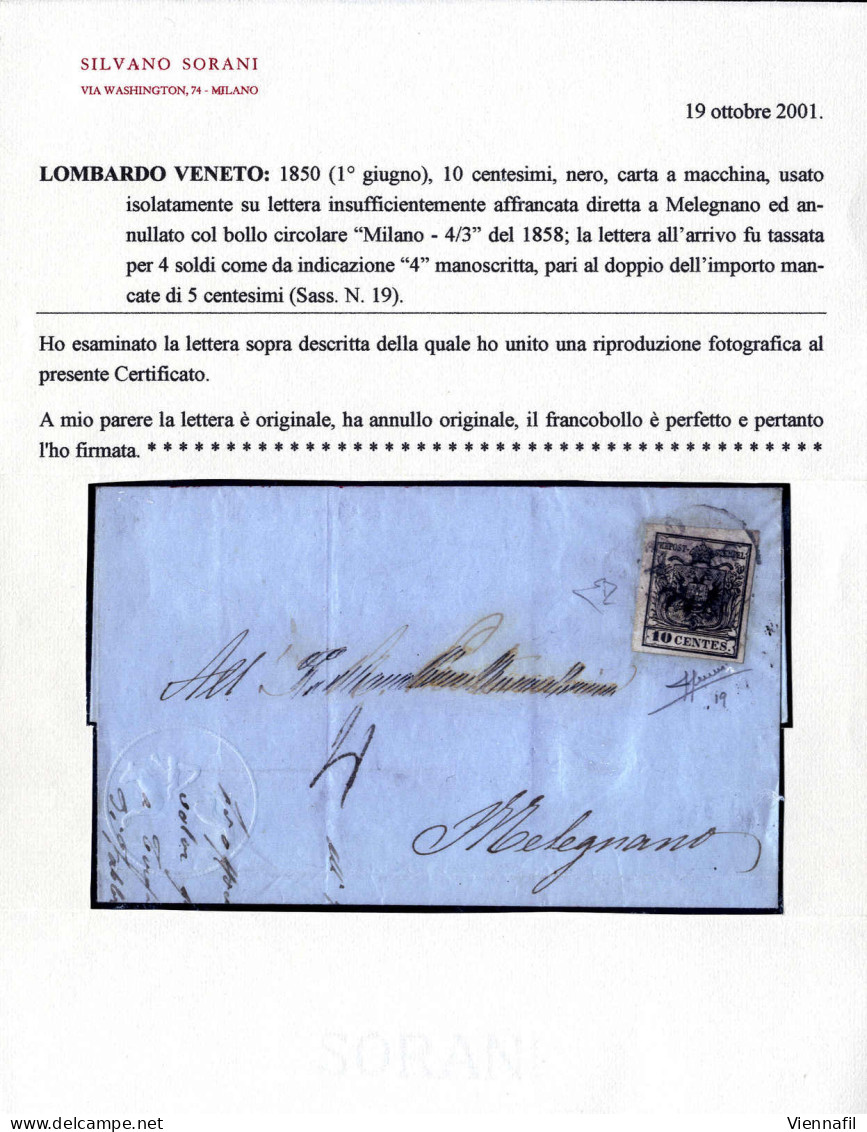Cover 1854, 10 Cent. Nero, Carta A Macchina, Su Lettera Da Milano Per Melegnano, Tassata Per Difetto Di Affrancatura Con - Lombardo-Veneto