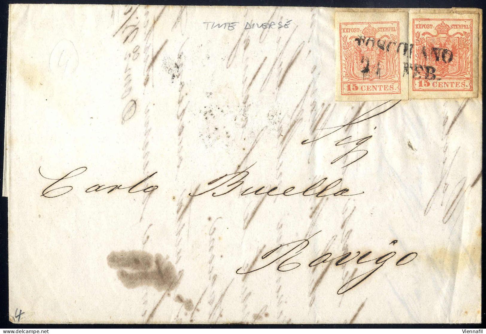 Cover 1854, 15 Cent. Carta A Macchina, Due Esemplari Di Tinte Nettamente Differenti Su Lettera Da Toscolano (Sass. 20+20 - Lombardo-Vénétie