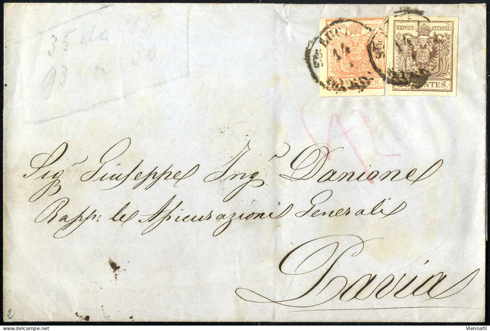 Cover 1854, Lettera Della Terza Distanza Affrancata Con Sass. 20 + 21 - Lombardo-Vénétie