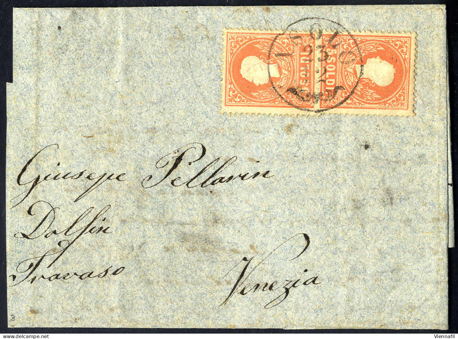 Cover 1858, 5 Soldi Rosso, Primo Tipo, Due Esemplari Su Lettera Da Asolo (Sass. 25 - ANK 9I) - Lombardo-Vénétie