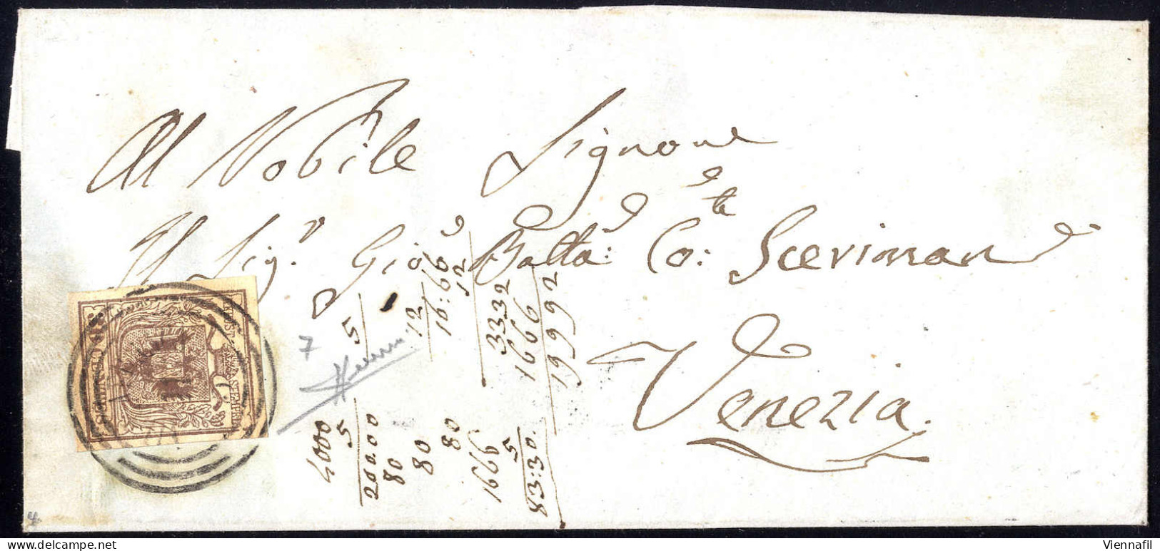 Cover "VILLAFRANCA 11 / 5", Annullo C3 Su 30 Cent., Primo Tipo, Su Lettera Per Venezia, Firm. Sorani (Sass. 7 - 4P.) - Lombardo-Vénétie