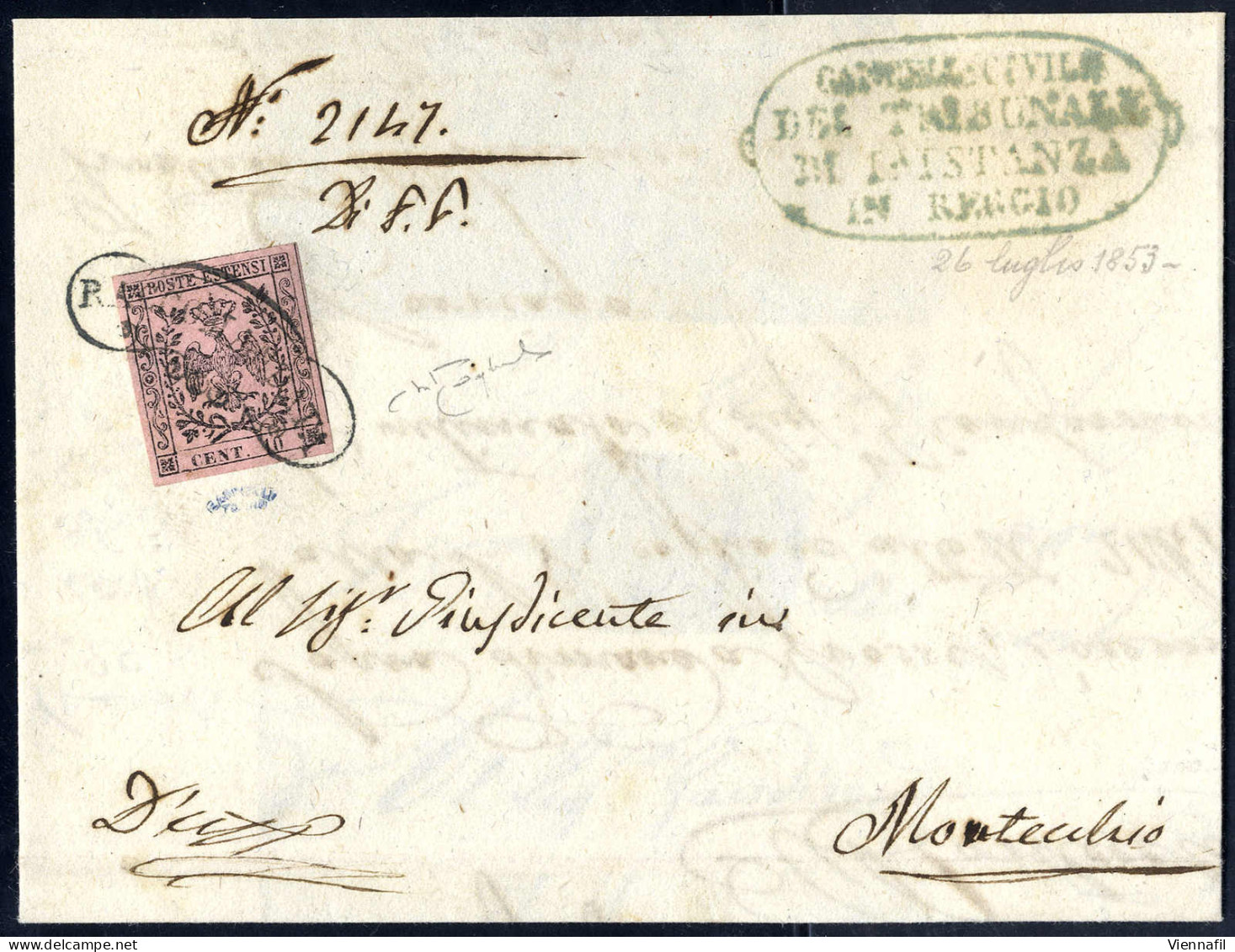 Cover 1853, Lettera Raccomandata Da Reggio Del 26.7. Per Montecchio Affrancata Con 10 C. Rosa Chiaro Annullato Con "RACC - Modène
