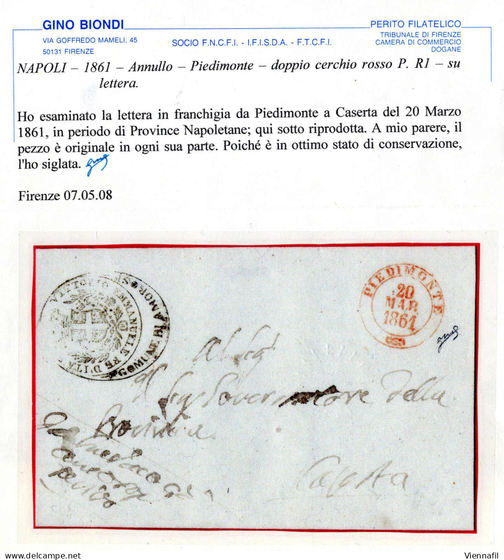 Cover 1861, Piedimonte 20.3. Per Caserta, Annullo Doppio Cerchio Rosso, R1, Certificato Biondi - Naples