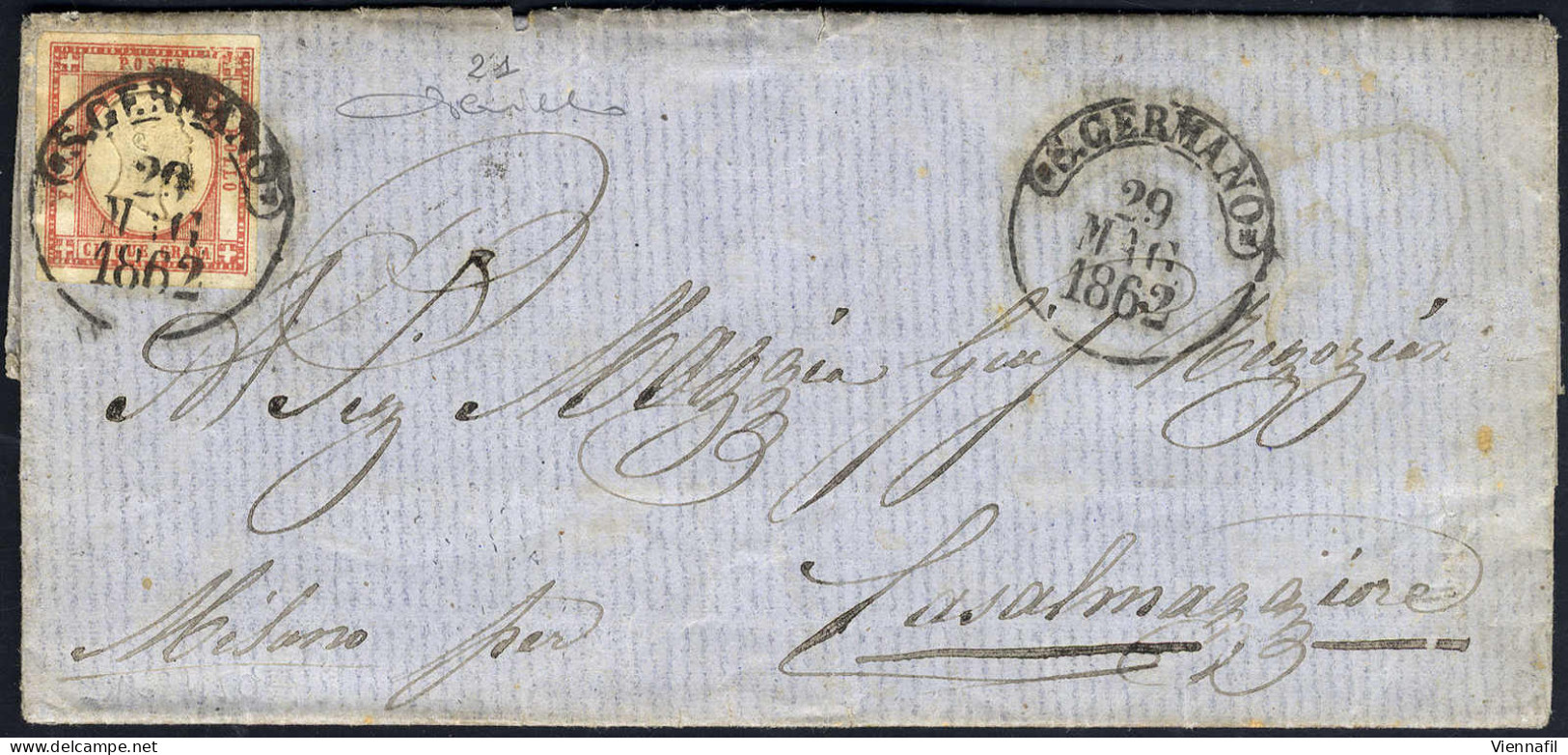 Cover 1861, 5 Grana Rosso Carminio Su Lettera Da San Germano 29.5.1862 Per Casalmaggiore, Firmata Cardillo (Sass. 21 - 3 - Naples