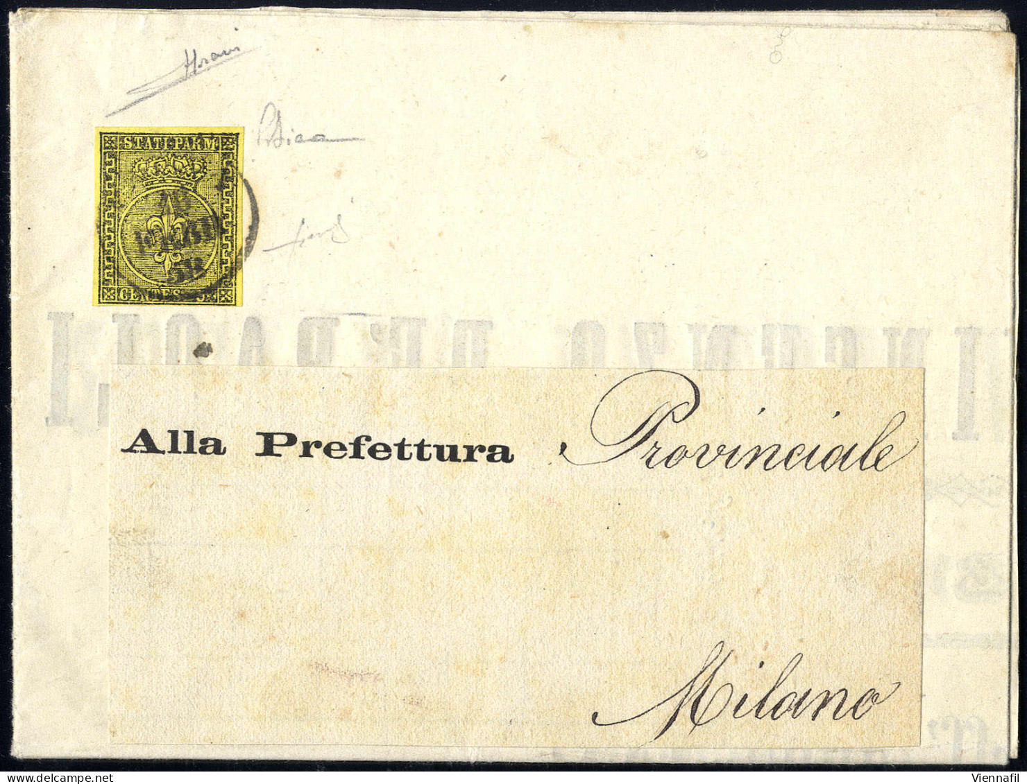 Cover 1858, Stampato Da Parma Del 18.2. Per Milano Affrancato Con Un Esemplare Isolato Del 5 C. Giallo Arancio, Certific - Parme
