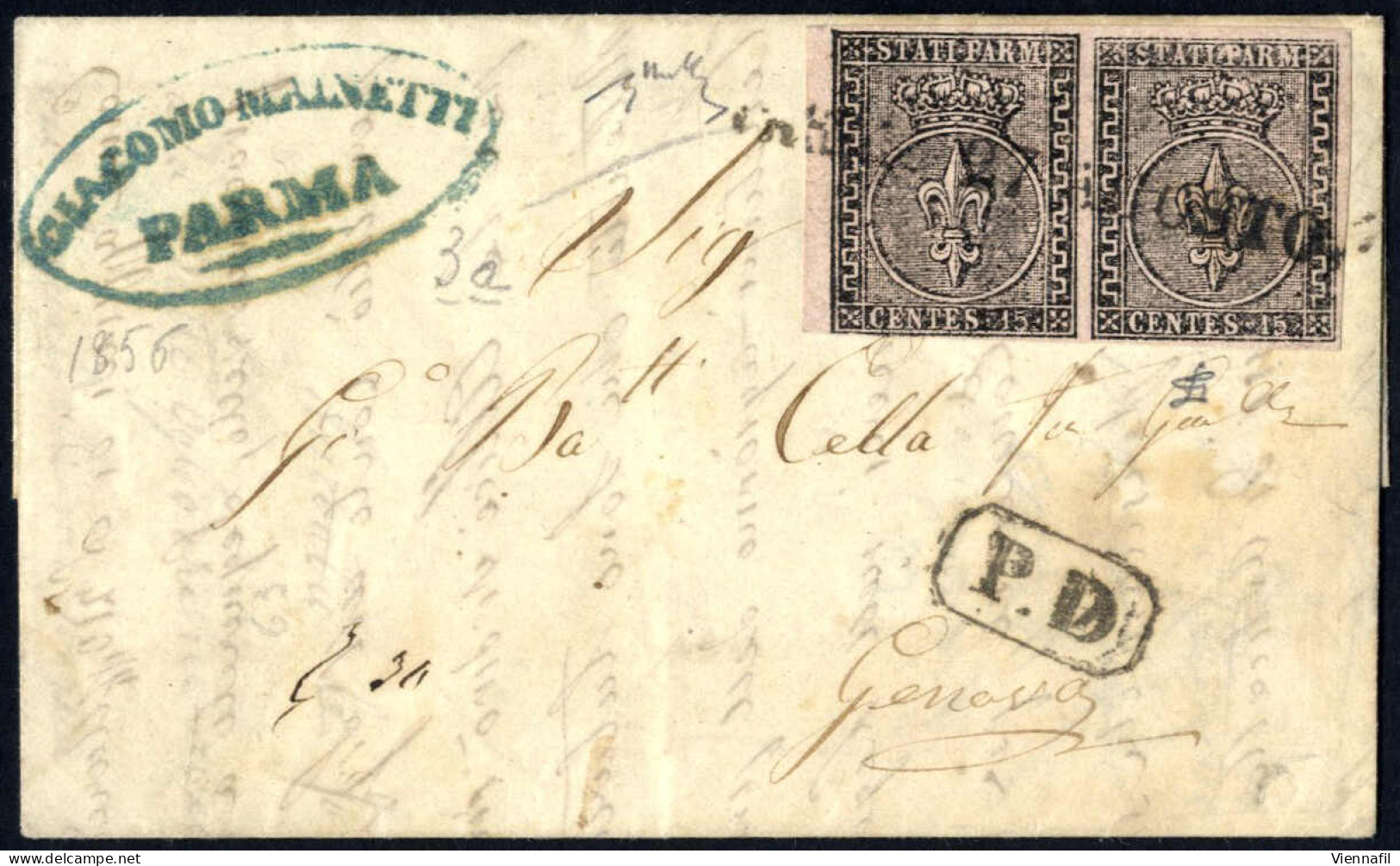 Cover 1856, Lettera Da Parma Il 27.8 Per Genova Affrancata Con Coppia 15 C. Rosa, Firmata Chiavarello E Gazzi, Sass. 3a  - Parme