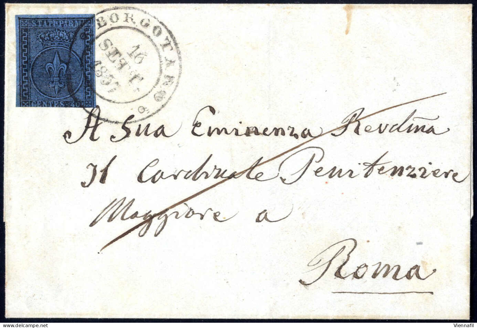 Cover 1857, Lettera Da Borgotaro (Sass. Punti 6) Il 16.9 Per Roma Affrancata Con 40 C. Azzurro, Sass. 5 / 5525,- - Parme