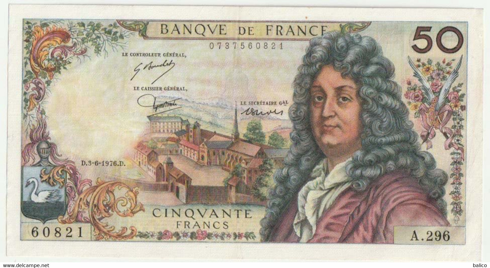 Billet De 50 Francs - Racine - 3-6-1976 - N° A.296 - 60821 - Très Bon état, ( Sans Trou D'épingle Et Pas De Plis ) - 50 F 1962-1976 ''Racine''