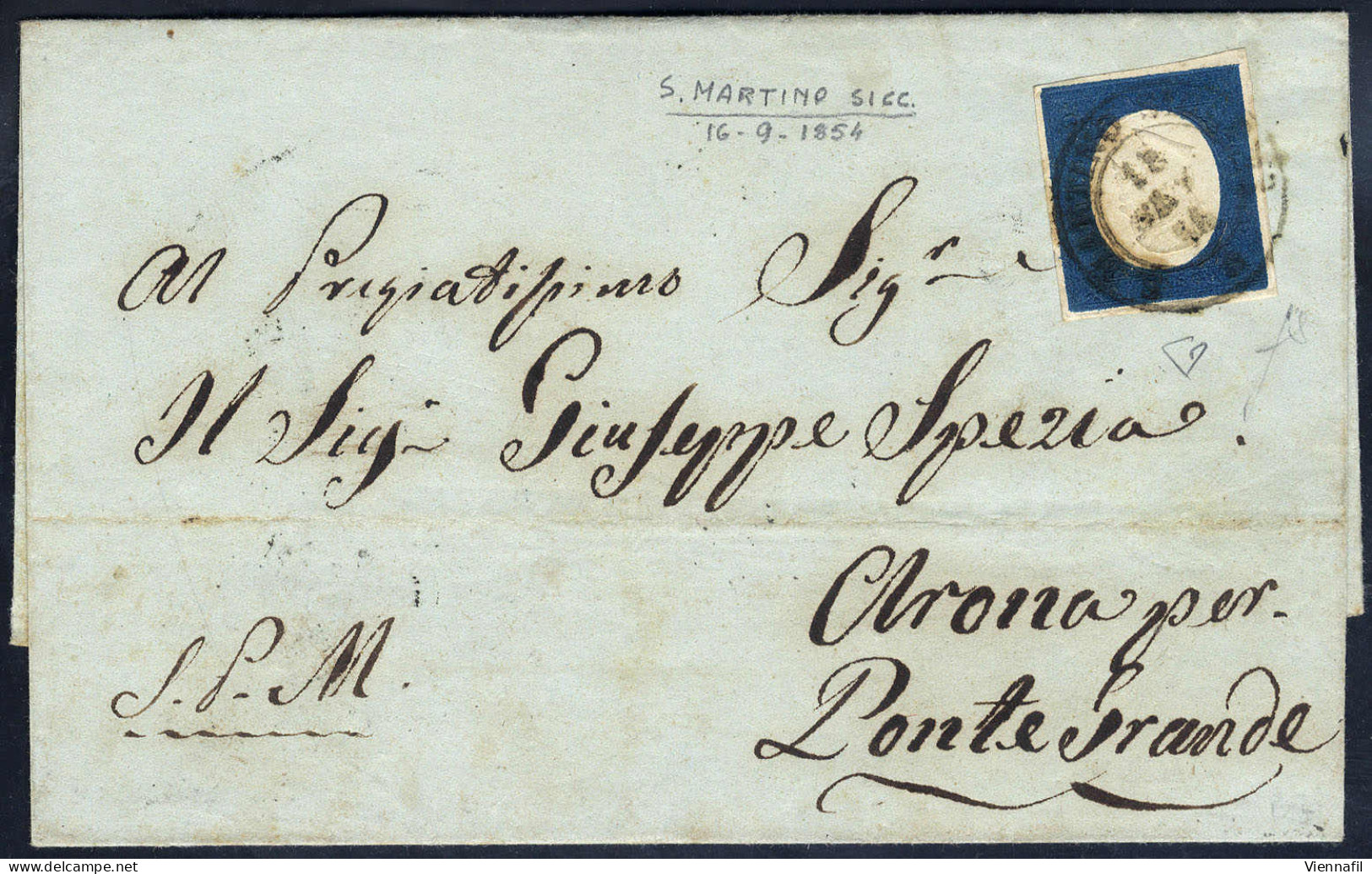 Cover "S.MARTINO SICCOM.O/* 18 SET.54" (Punti 10) - Lettera Con C.20 Azzurro (8) Per Pontegrande, Firma Fiecchi, E.D. - Sardinien