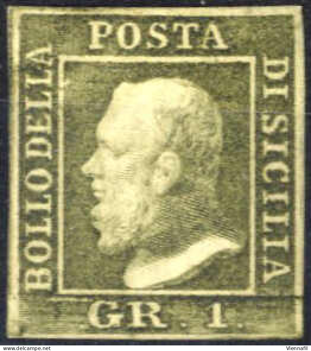 * 1859, 1 Gr. Verde Oliva III Tavola Carta Di Palermo, Leggera Linguella, Firmato Gazzi, AD, E Chaiavarello, Sass. 5 - Sicily