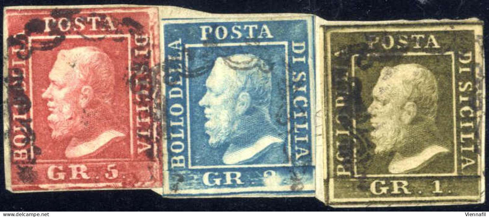 Piece 1859, Frammento Affrancato Con 1 Gr. Verde Oliva III Tavola Carta Di Palermo, 2 Gr. Azzurro Chiaro II Tavola Carta - Sizilien