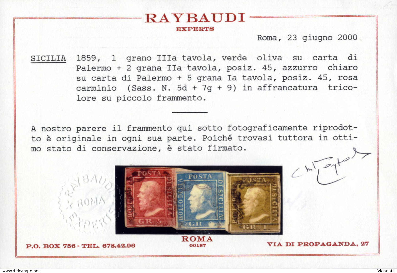 Piece 1859, Frammento Affrancato Con 1 Gr. Verde Oliva III Tavola Carta Di Palermo, 2 Gr. Azzurro Chiaro II Tavola Carta - Sicilië