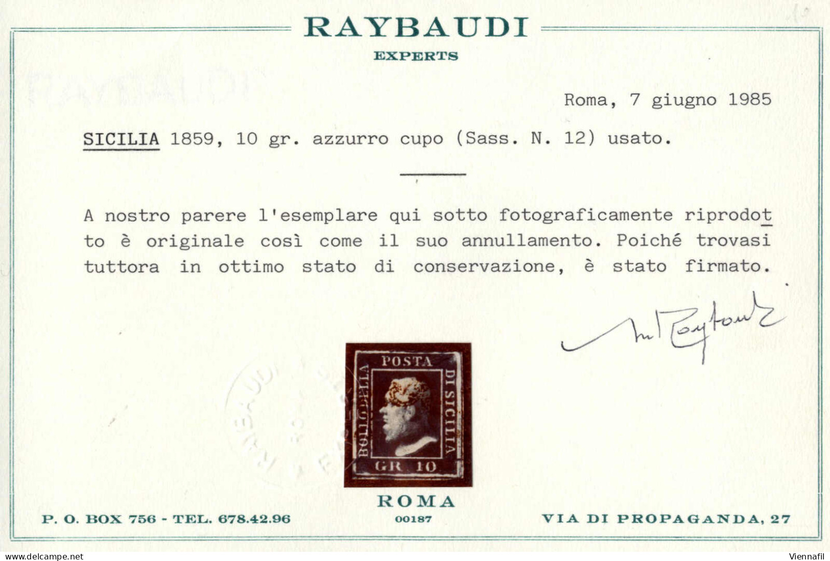 O 1859, 10 Gr. Azzurro Cupo, Usato, Firmato ED E AD, Cert. Raybaudi, Sass. 12 / 900,- - Sicily