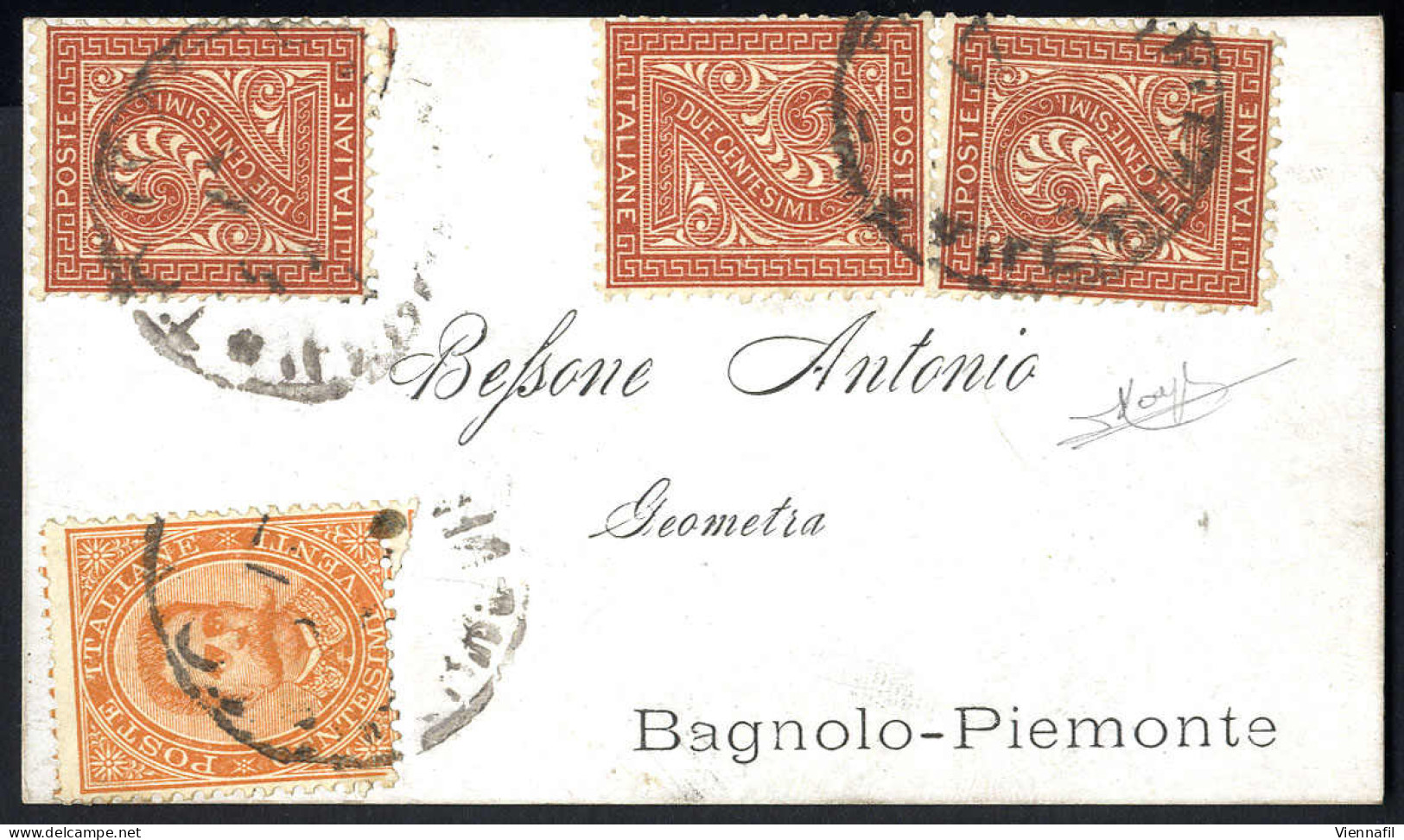 Cover 1867/79, "Mista Due Re", Biglietto Da Visita Per Bagnolo Piemonte Con Affrancatura Mista Tre Esemplari 2 Cent. De  - Altri & Non Classificati