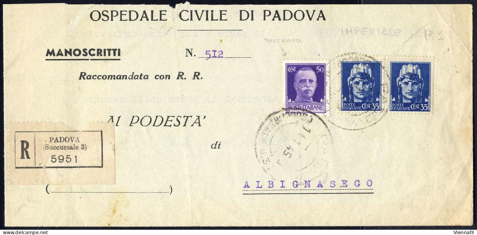 Cover 1945, Manoscritti Raccomandati Del 14.1.1945 Da Padova Per Abbignasegno, Affrancati Con Imperiale 50 C. + 2x 35 C. - Other & Unclassified