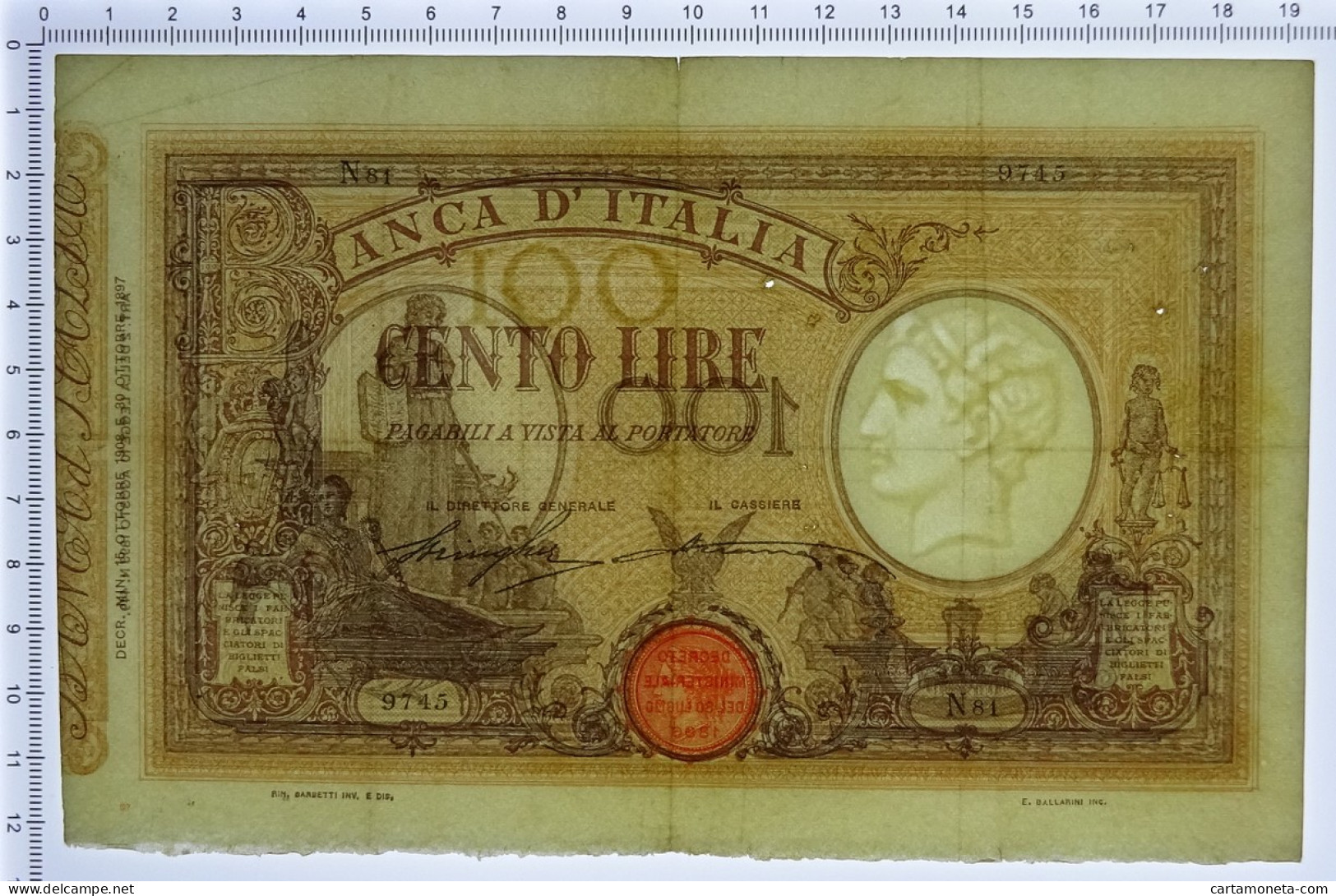 100 LIRE BARBETTI GRANDE B MATRICE LATERALE TESTINA DECRETO 15/10/1908 BB/BB+ - Sonstige