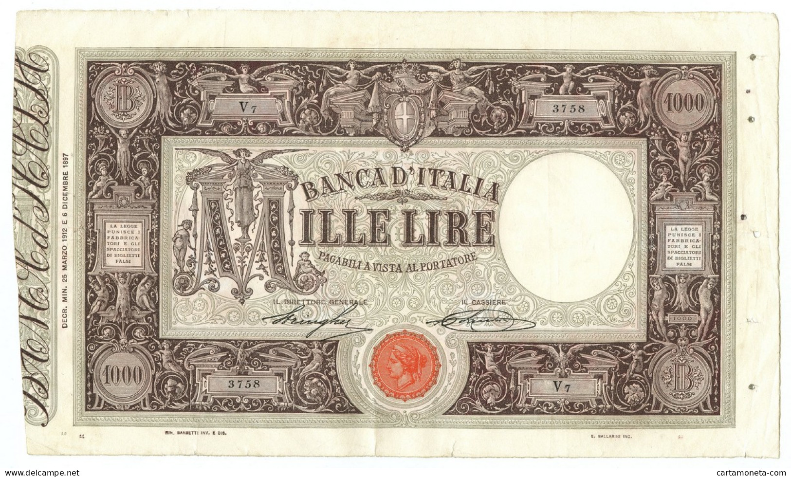 1000 LIRE BARBETTI GRANDE M MATRICE LATERALE TESTINA DECRETO 25/03/1912 BB/BB+ - Regno D'Italia – Autres