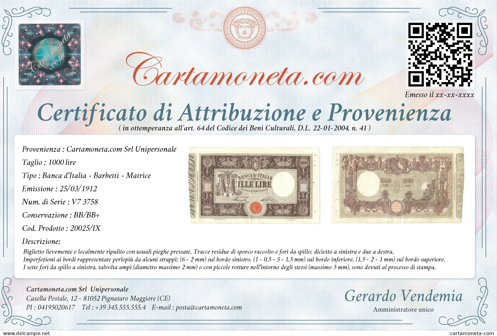 1000 LIRE BARBETTI GRANDE M MATRICE LATERALE TESTINA DECRETO 25/03/1912 BB/BB+ - Otros