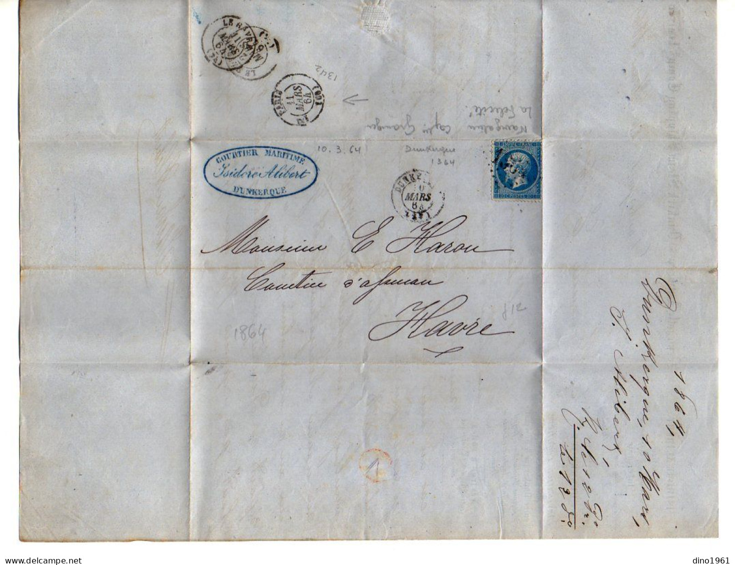 VP22.923 - 1864 - Lettre - M.Isidore ALIBERT, Courtier Maritime & D'Assurances à DUNKERQUE, NEWCASTLE, ANTWERP, RIGA ... - Banque & Assurance