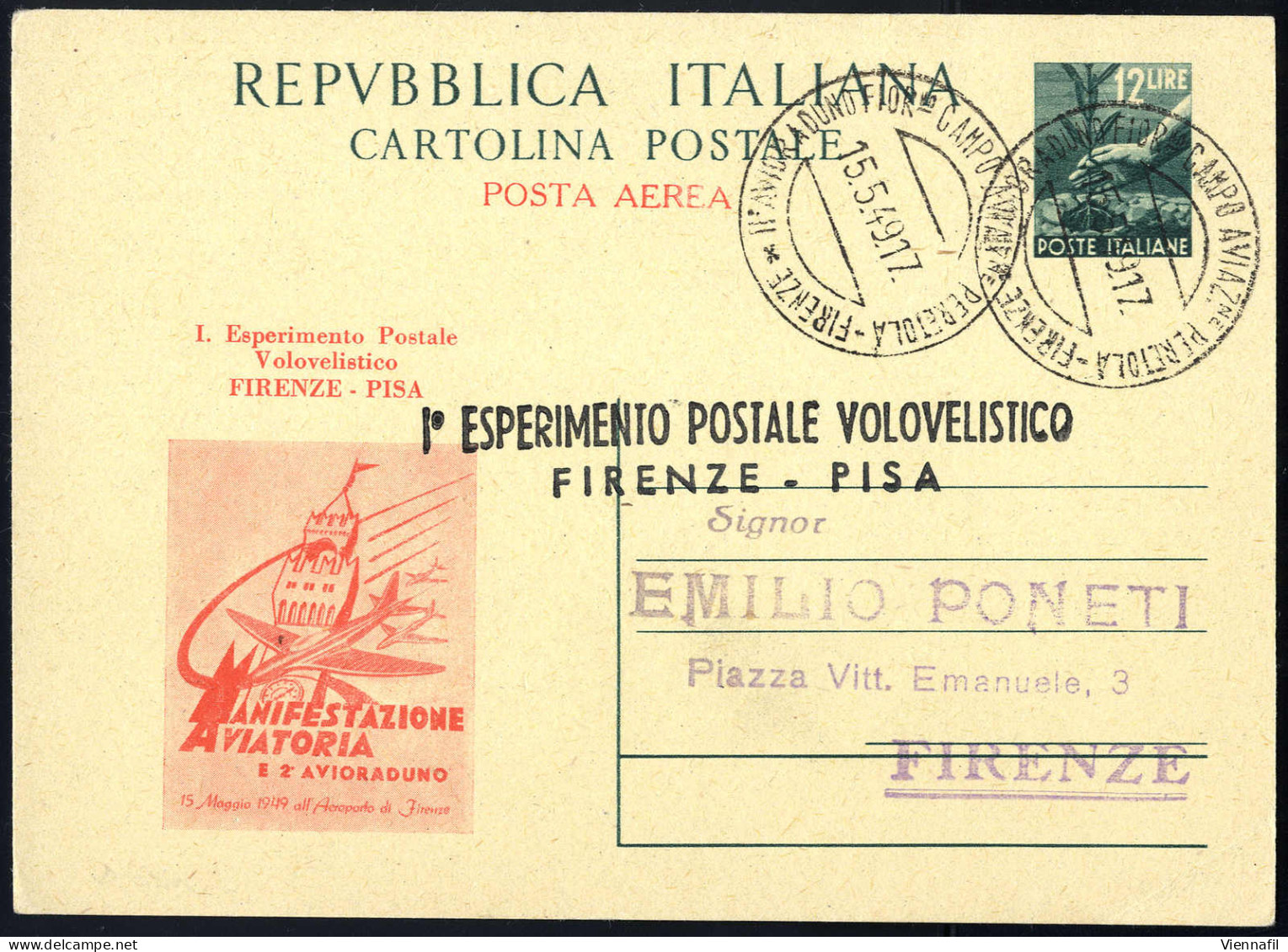 Cover 1949, 1. Esperimento Postale Volovelistico, Cartolina 12 Lire Da Firenze 15.5.1949 (C139 - Pell. 304) - Otros & Sin Clasificación