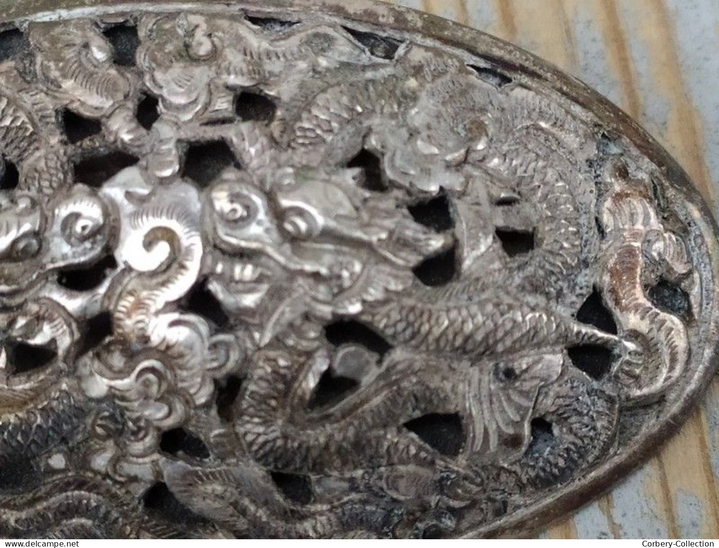 Ancienne Broche Argent Indochine Vietnam Décor Dragons - Oosterse Kunst
