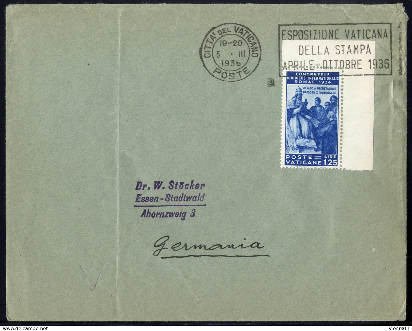 Cover 1936, Lettera Il 5.3.36 Per Essen (Germania) Affrancata Con 1,25 L. Giuridico, Sass. 46 / 380,- - Autres & Non Classés