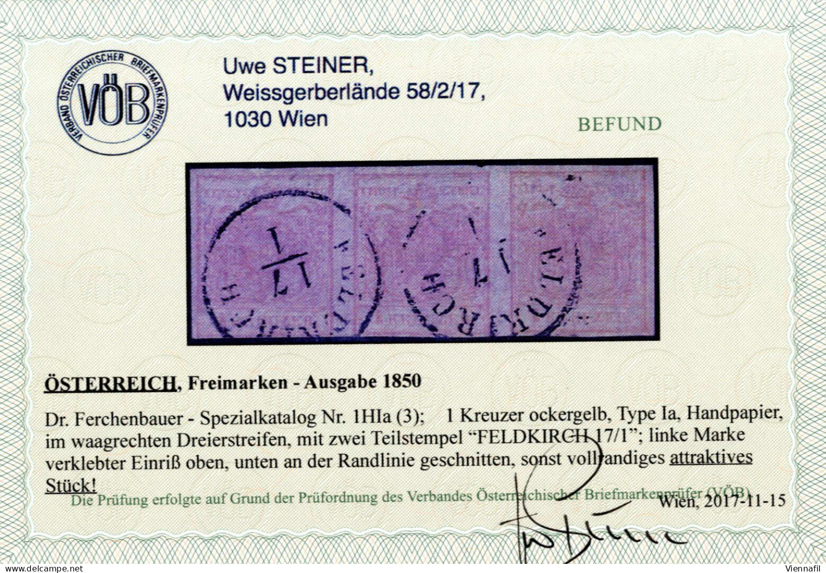 O 1850, 1 Kreuzer Ockergelb In Type Ia Im Waagrechten Dreierstreifen Auf Handpapier, Gestempelt Feldkirch 17.1., Linke M - Autres & Non Classés