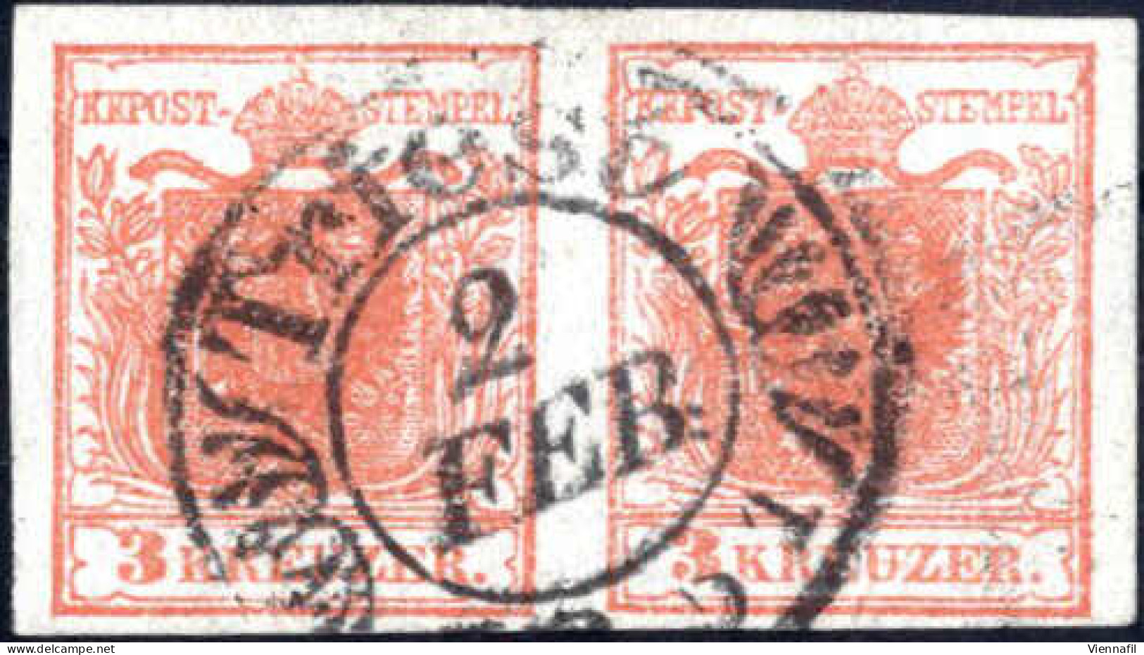 O/pair 1850, 3 Kr. Rot HP In Type Ia, Paar Mit Stempel Triest RDo-Iy (Müller 12 Punkte), ANK 3 - Autres & Non Classés