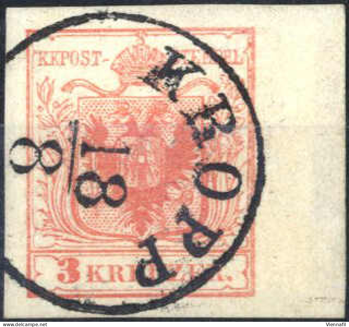 O 1850, 3 Kr. Tomatenrot, Type Ib Maschinenpapier, Gravur 2:1, Rechtes Randstück, Entwertet Mit "KROPP 18/8", Attest Wei - Autres & Non Classés