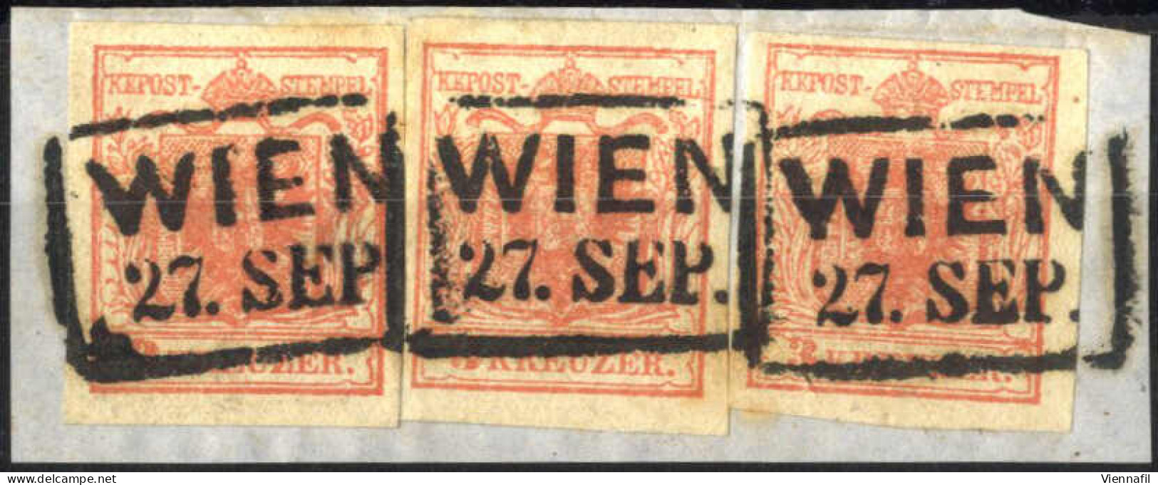 Piece 1852, Briefstück Von Wien Am 27.9. Frankiert Mit Drei 3 Kr. Rot Type Ib, Signiert Ferchenbauer, ANK 3 - Other & Unclassified