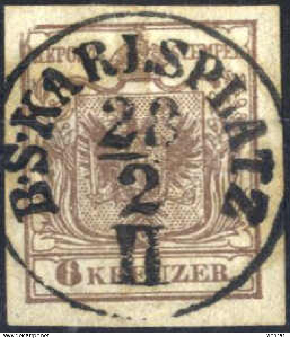 O 1850, 6 Kr. Graubraun, Type Ia Handpapier, PF "beschädigte Linke Obere Eckspitze", Gestempelt "B.S. KARLSPLATZ 28/2 II - Autres & Non Classés