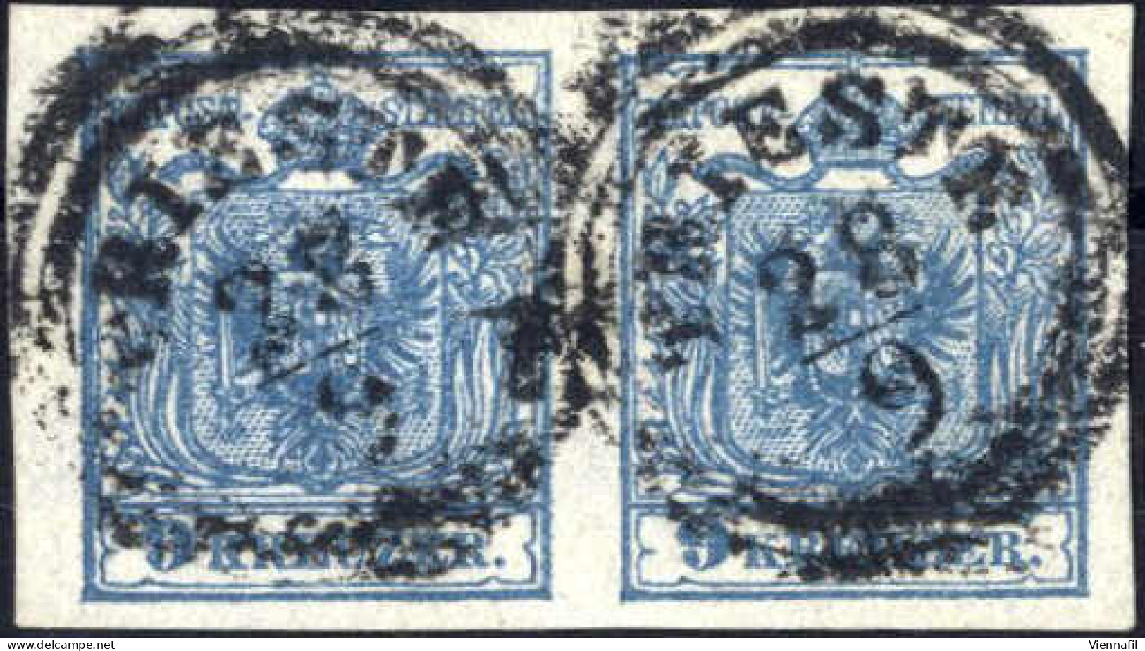 O/pair 1850, 9 Kr. Blau HP In Type IIIa, Paar Mit Stempel Triest R2S-f, ANK 5 - Other & Unclassified