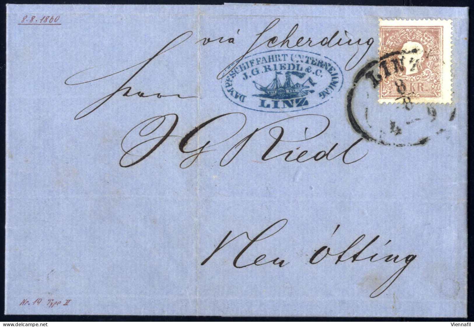 Cover 1860, Brief Von Linz Am 8.8. Nach Neu Ölting Frankiert Mit 10 Kr BraunType II, ANK 14 II - Other & Unclassified