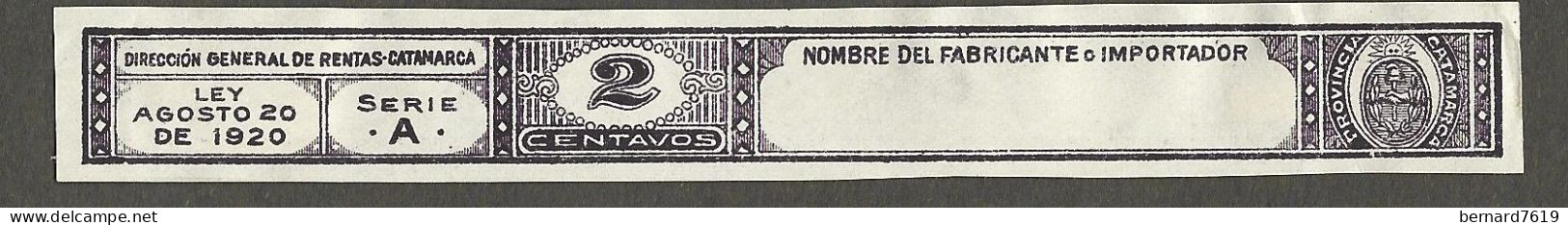 Timbre  -erinnophilie -  Tabac   Tabacos  - Direccion General De Rentas  Catamarca -  Ley Agosto 20 De 1920 - 2 Centavos - Tabac