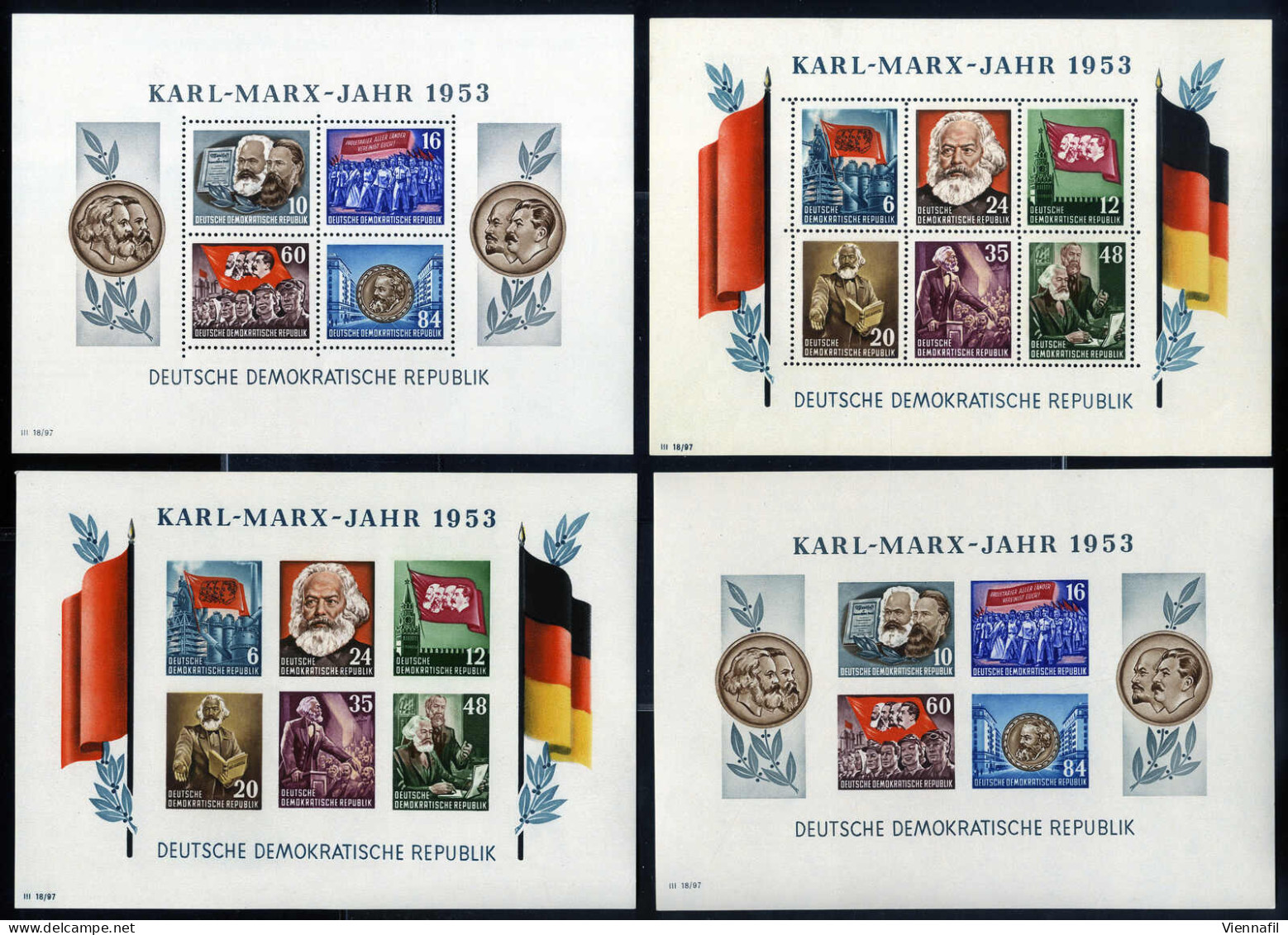 ** 1953, Karl Marx Jahr, Komplette Serie 10 Werte, Je Zwei Blöcke Sowohl Gezähnt Als Ungezähnt, Postfrisch, Mi. Bl 8+9 A - Andere & Zonder Classificatie