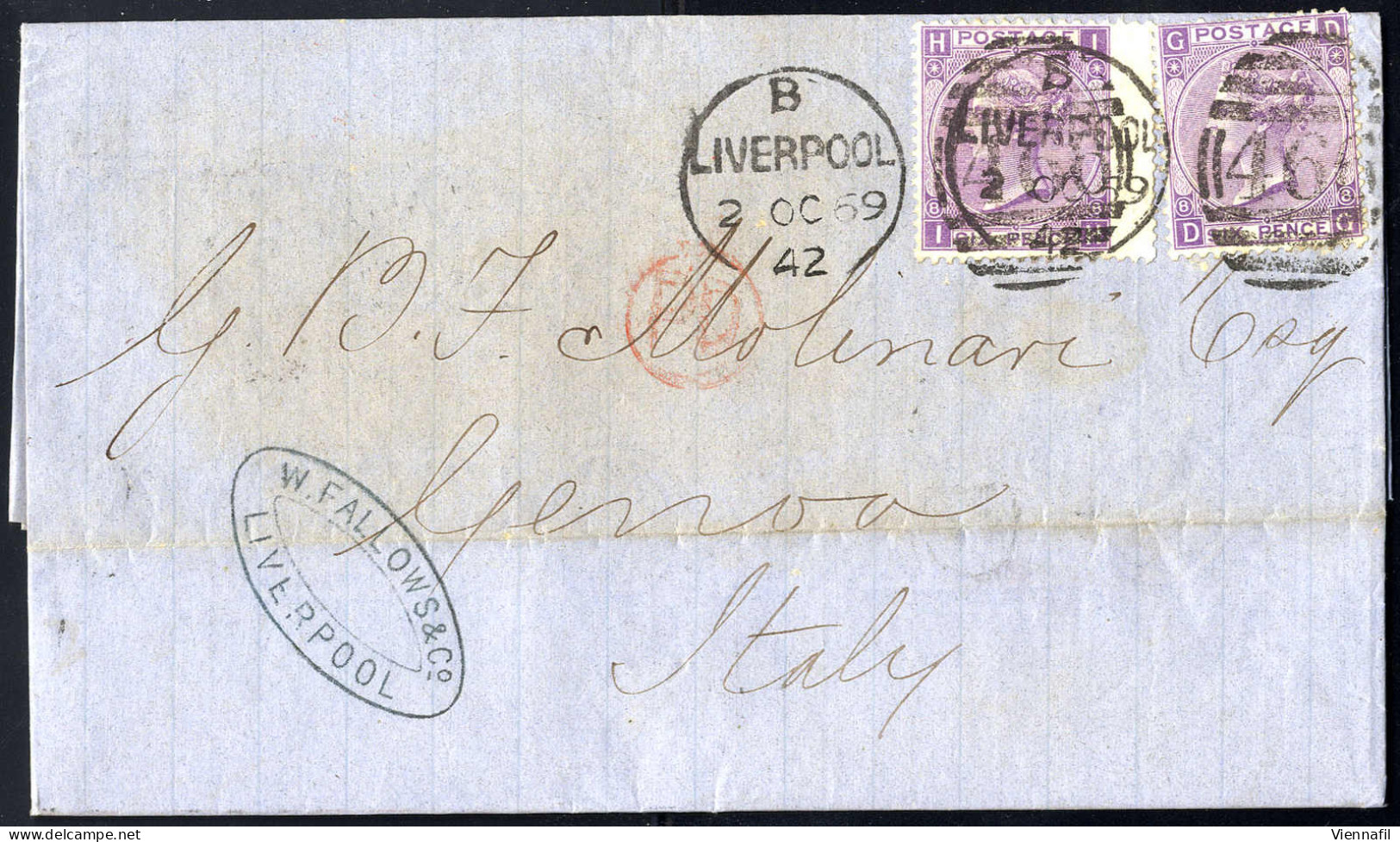 Cover 1869, Letter From Liverpool 2.10.1869 To Genova With Two 6 D. Queen Victoria With Large Uncolored Letters And Wmk  - Other & Unclassified