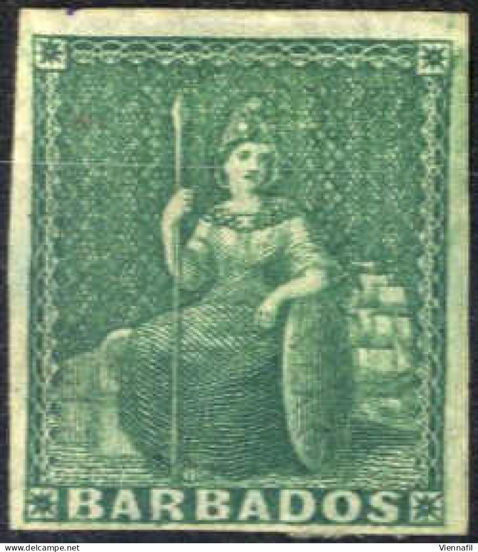 * 1852/58, Sitzende Britannia Ohne Wertangabe, ½ P Dunkelgrün Auf Bläulichem Papier, Ungezähnt Ohne Wz., Ungebraucht, SG - Barbados (...-1966)