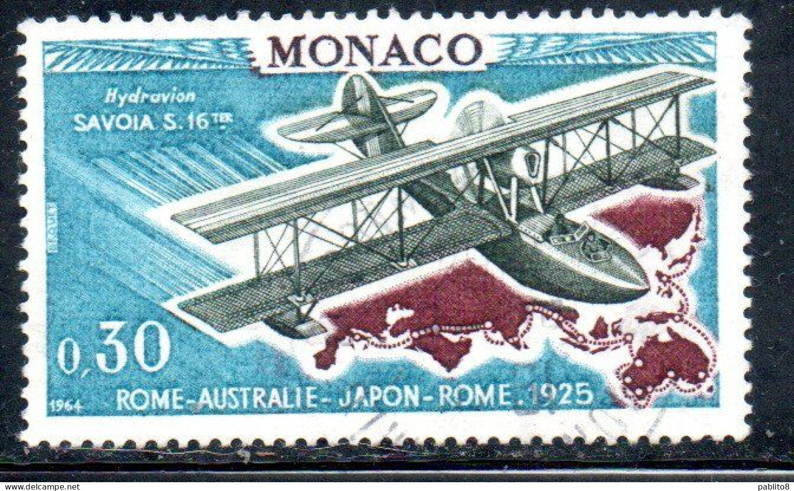 MONACO 1964 FIRST AIRPLANE RALLY RALLYE OF MONTE CARLO SAVOIA S-16 HYDROPLANE 30c USED USATO OBLITERE' - Gebruikt