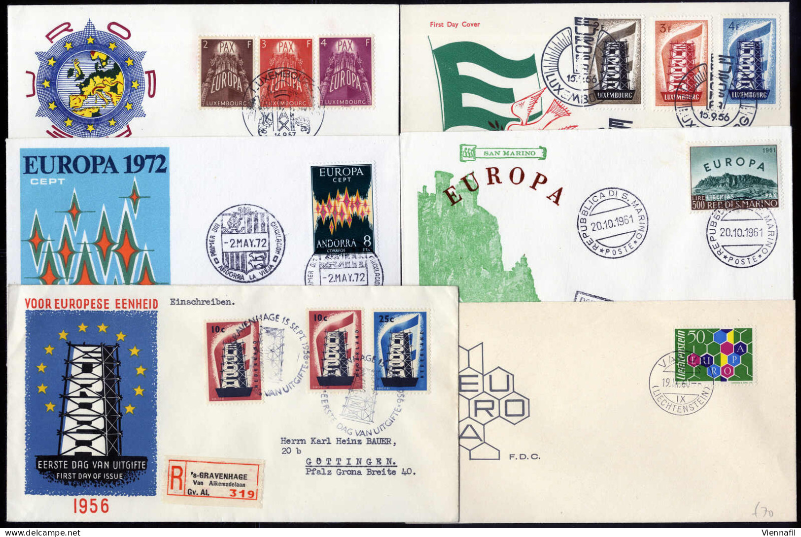 Cover 1956/72, Lot Mit Sechs FDC's Mit Besseren Frankaturen, Dabei Pax U. Luxemburg Und Niederlande 1956, Liechtenstein  - Collections