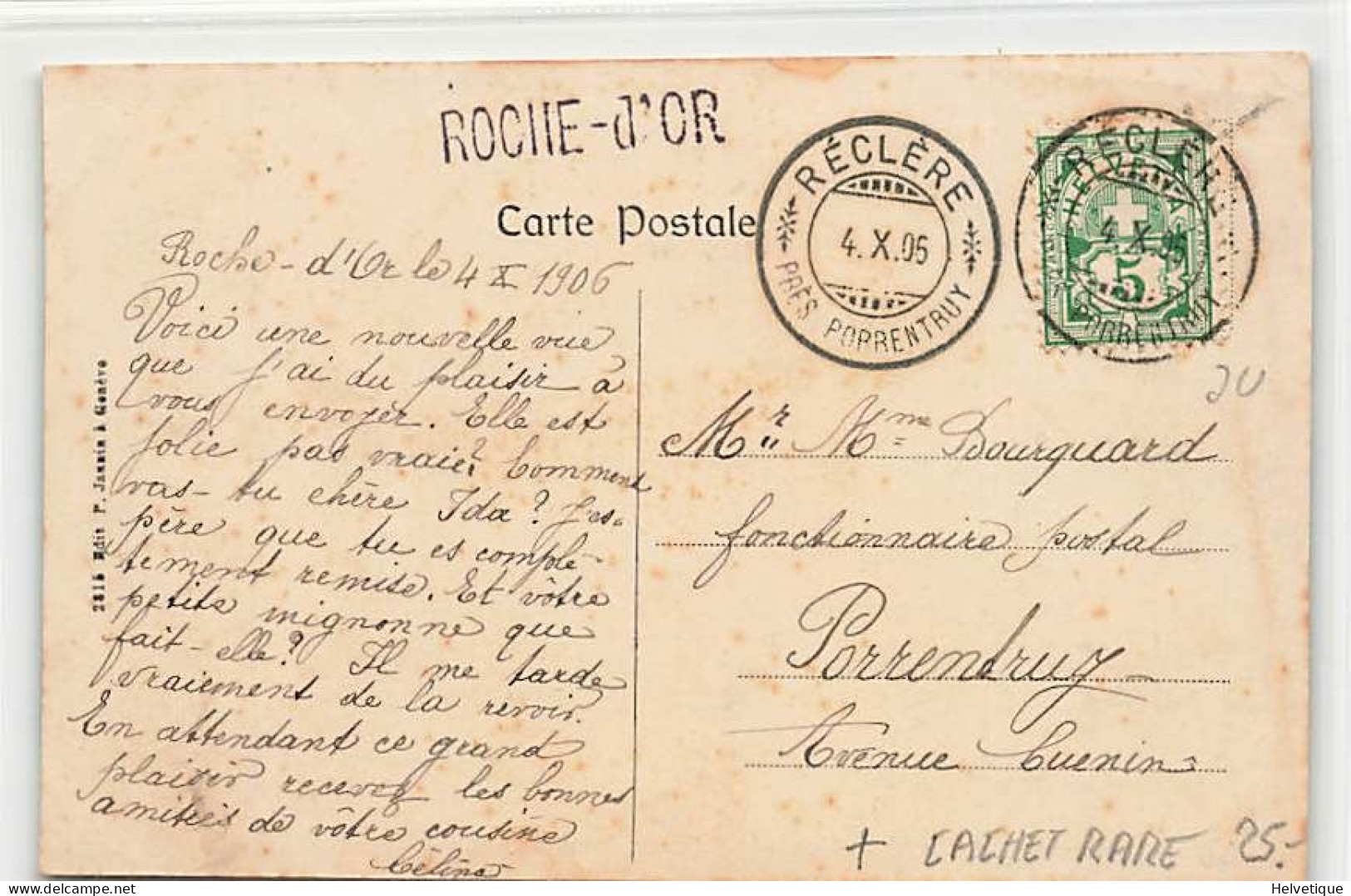 Vue Générale De Roche D'Or Linéaire (Rare) Cachet Réclère - Réclère