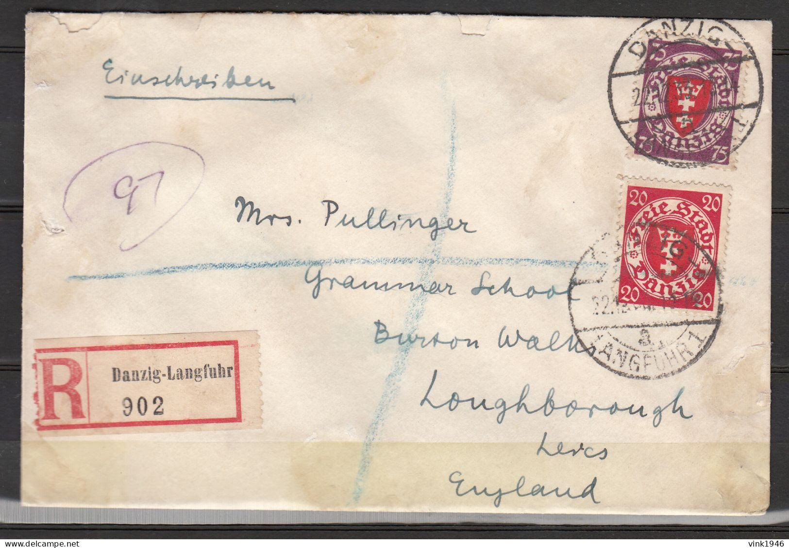 Danzig 1933, Mi 196 + 201 Auf Brief Mit Einschreiben  Nach England,Danzig-Langfuhr(D3660) - Postal  Stationery