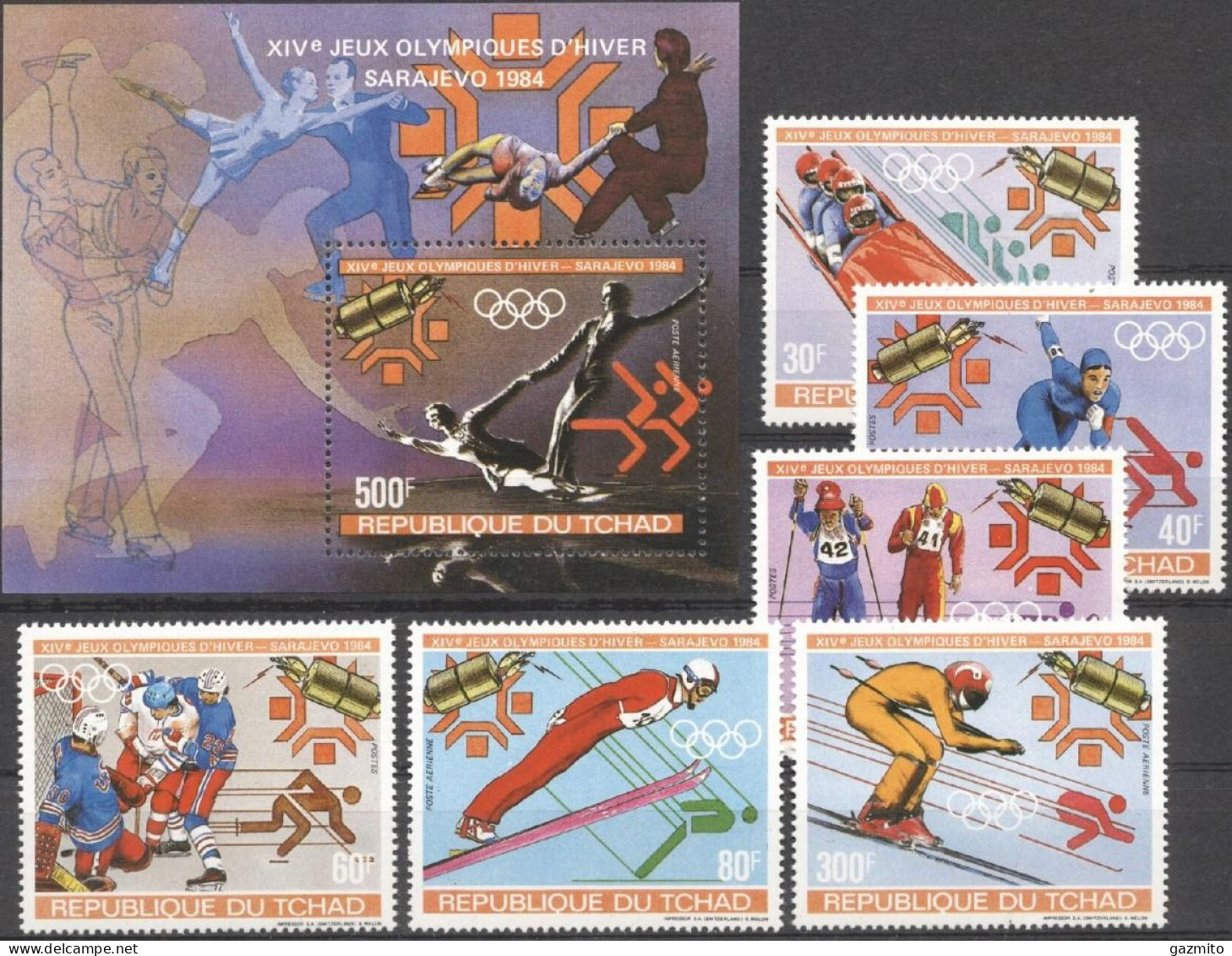 Tchad 1983, Winter Olympic Games In Sarajevo, Skating, Skiing, Hokey, 6val +BF - Hiver 1984: Sarajevo