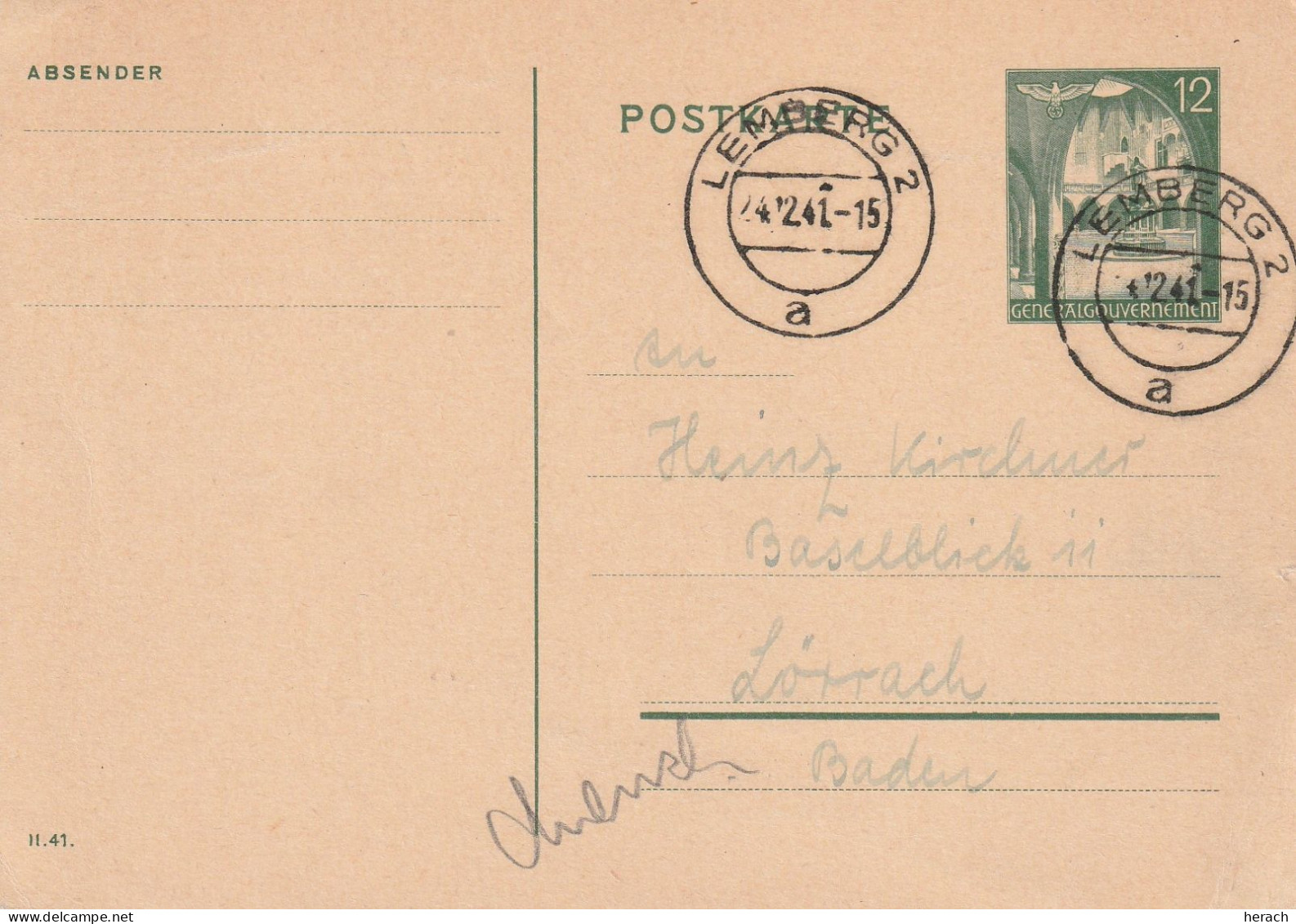 General Gouvernement Entier Postal Lemberg 1941 - Gouvernement Général