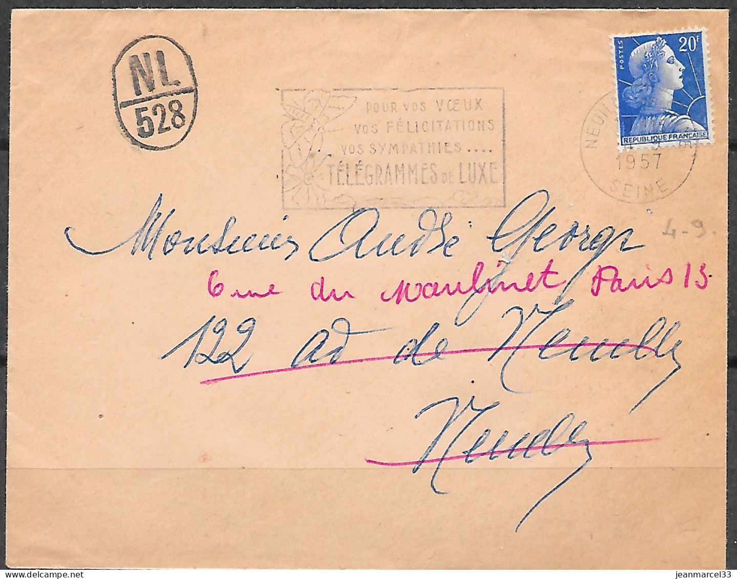 Lettre Avec Changement D'adresse Et Numéro Du Facteur NL/528 Dans Un Oval De Neuilly Sur Seine 4-9 1957 - Briefe U. Dokumente