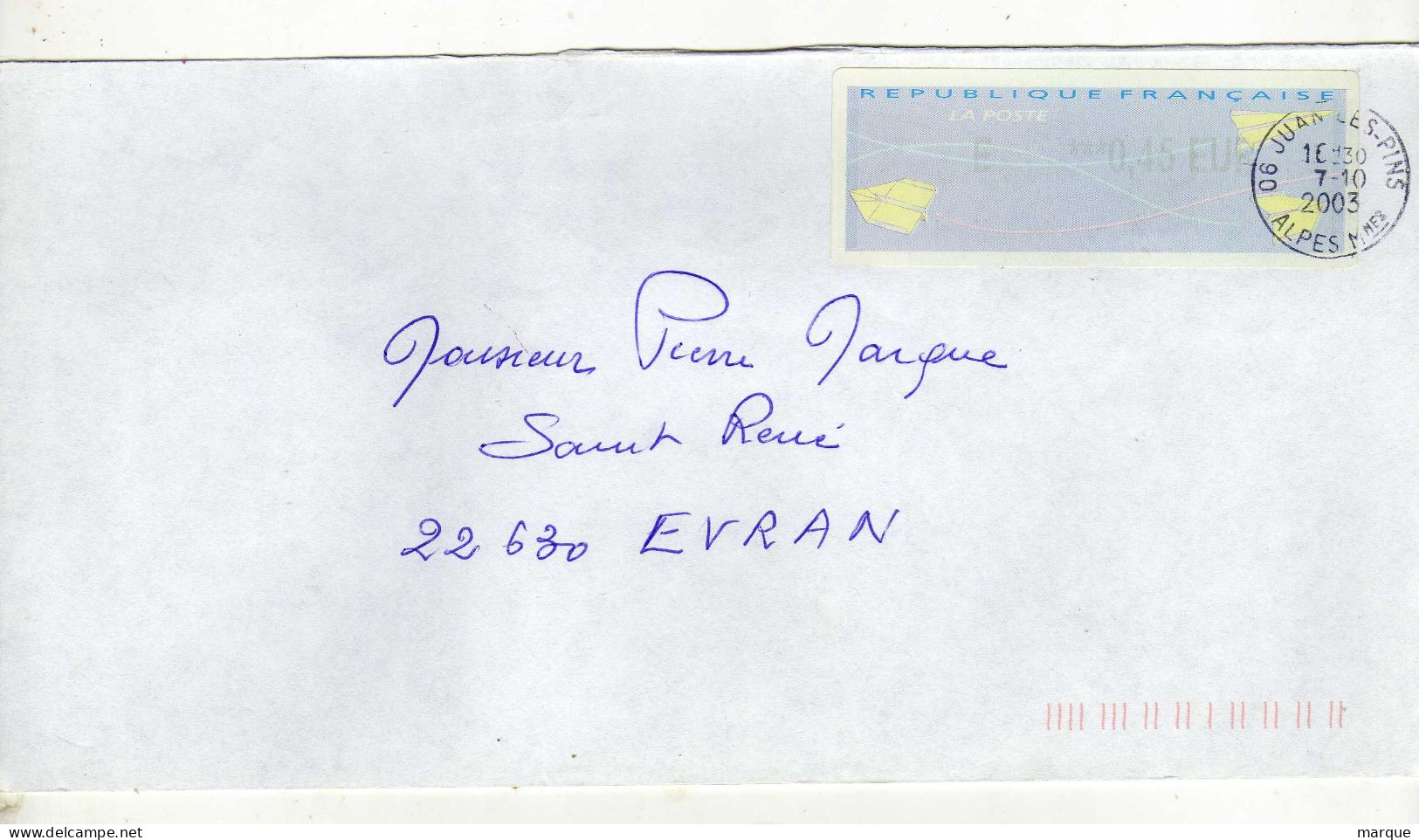 Enveloppe FRANCE Avec Vignette Affranchissement 06 JUAN LES PINS 07/10/2000 - 2000 « Avions En Papier »