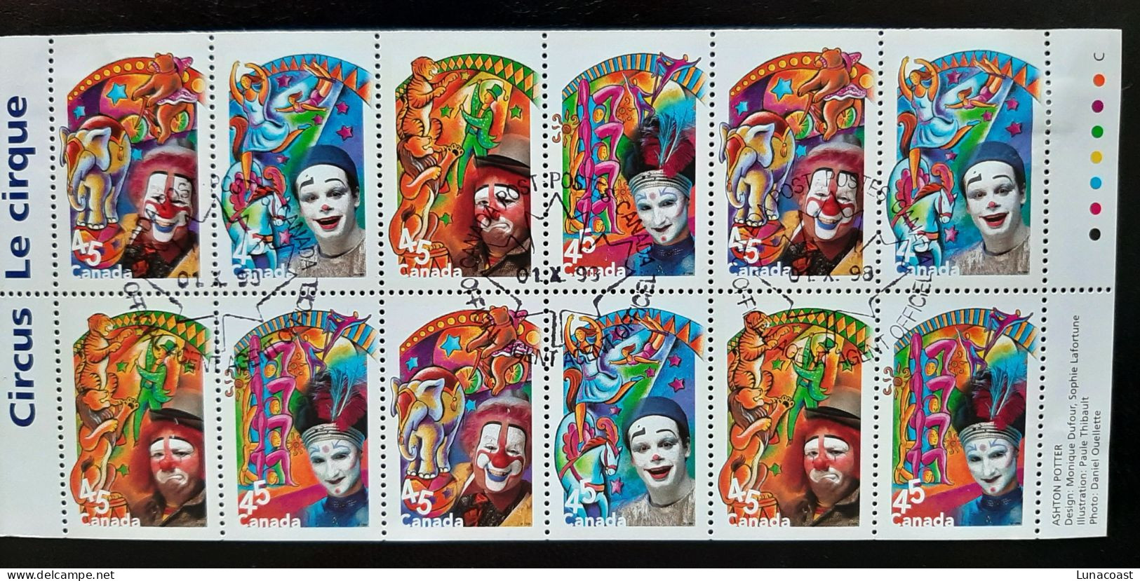 Canada 1998  USED Sc 1760a    5.40$ Pane Of 12 X 45c  The Circus - Oblitérés